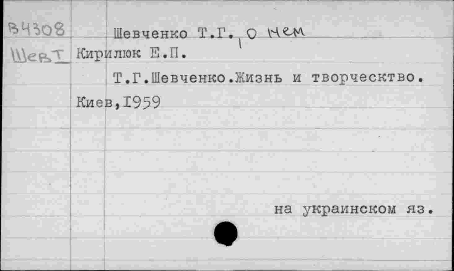 ﻿
Шевченко Т.Г.^О .
Кирилюк Е.П.
Т.Г.Шевченко.Жизнь и творческтво.
Киев,1959
на украинском яз.